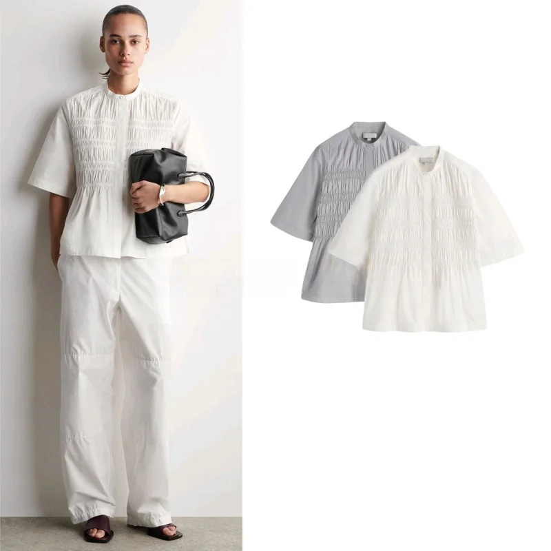 

Spring New Women's Standard Fit Button Front round Neck Short Sleeve Pleated Shirt Commute Style Polyester Fiber Skin-friendl...