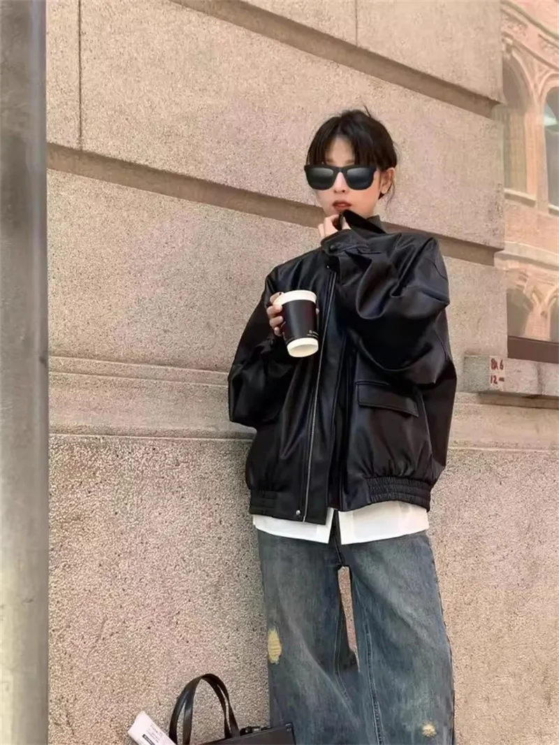 Vintage PU Leather Jacket Women Spring Autumn New Retro Black Brown Casual Fashion Zipper Cropped Loose Leather Moto Biker Coat