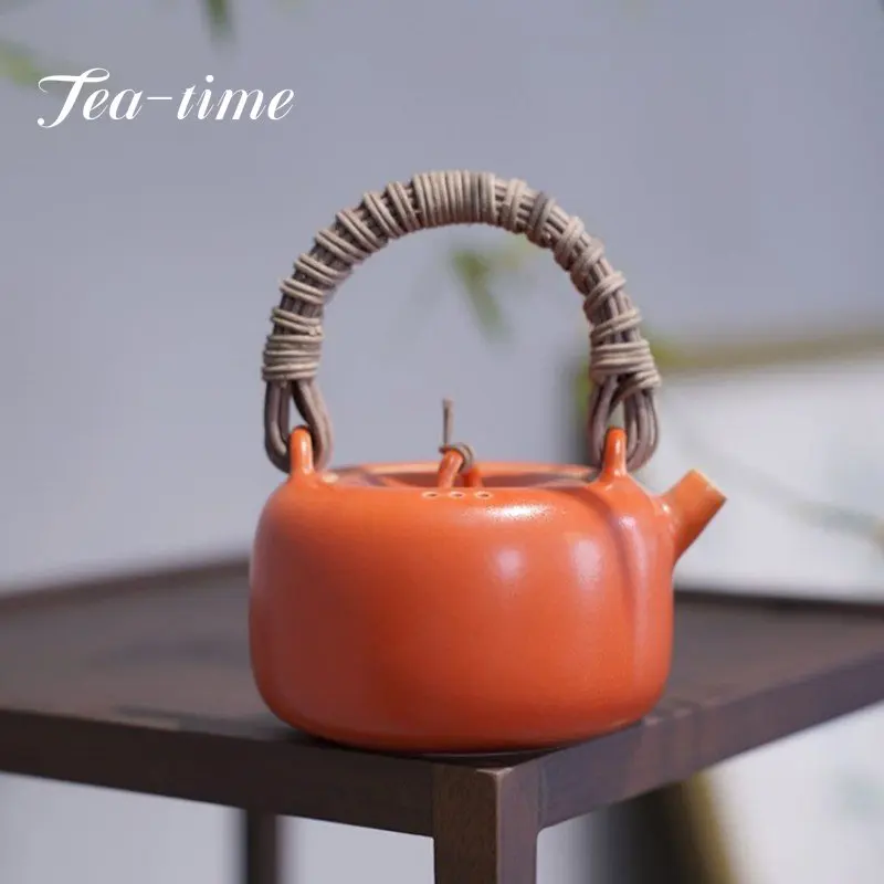 

200ml Rattan Sample Ticked Beam Pot Anti -hot Soda Glazed Ceramic Pot Pure Color Ceramic Boiled Tea Pot Kettles Worker Teapot