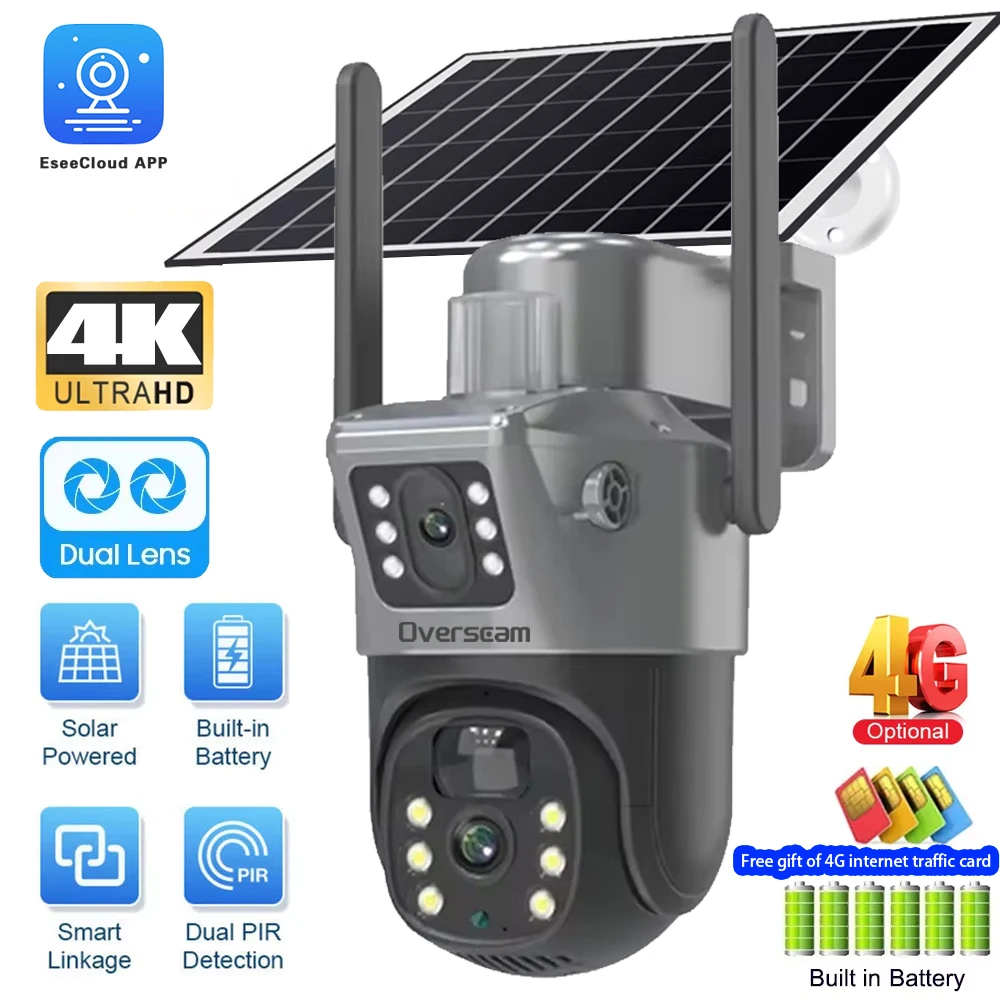 

4K Solar IP Camera 8MP 4G Dual Lens Dual Screen Surveillance PTZ Battery Camera Forever Free 4G Internet Traffic Card PIR Detect