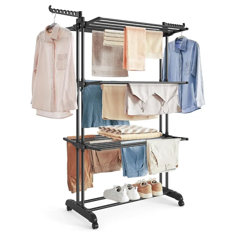 Three-layer floor-to-ceiling drying rack, bathroom towel rack, drying rack, movable folding storage rack.
