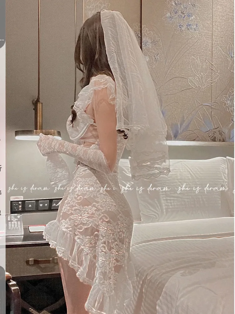 WOMENGAGA Exotic Cosplay Bride Thin Lace Mesh Transparent Wedding Dress Hot Sexy Mini Dresses Set Fashion Uniform Tops IX52