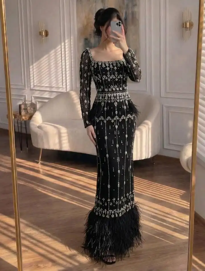 

Индивидуальное роскошное вечернее платье из хрусталя для выпускного бала, женское, с квадратным вырезом, длинными рукавами, прямым подолом, перьями, длиной до щиколотки, для вечеринок