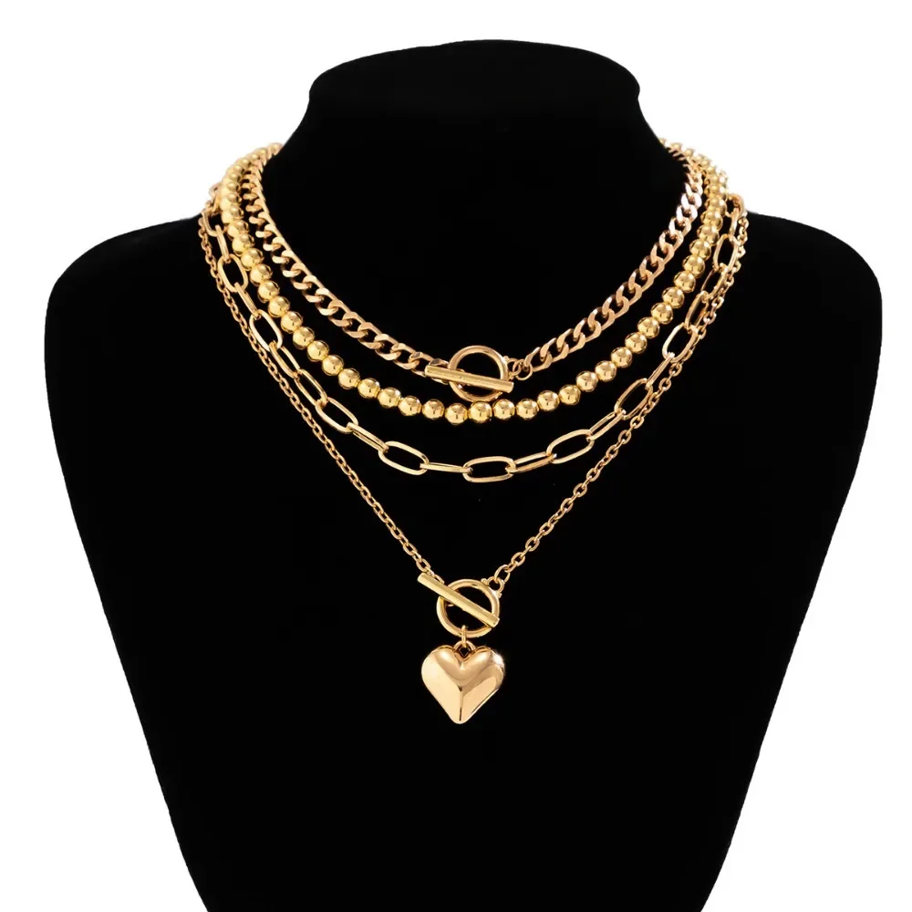 

Punk Style Beaded Heart Pendant Necklaces for Women Charm Gold Color Stainless Steel Chokers Hip Hop Rock Jewelry Set Accessory