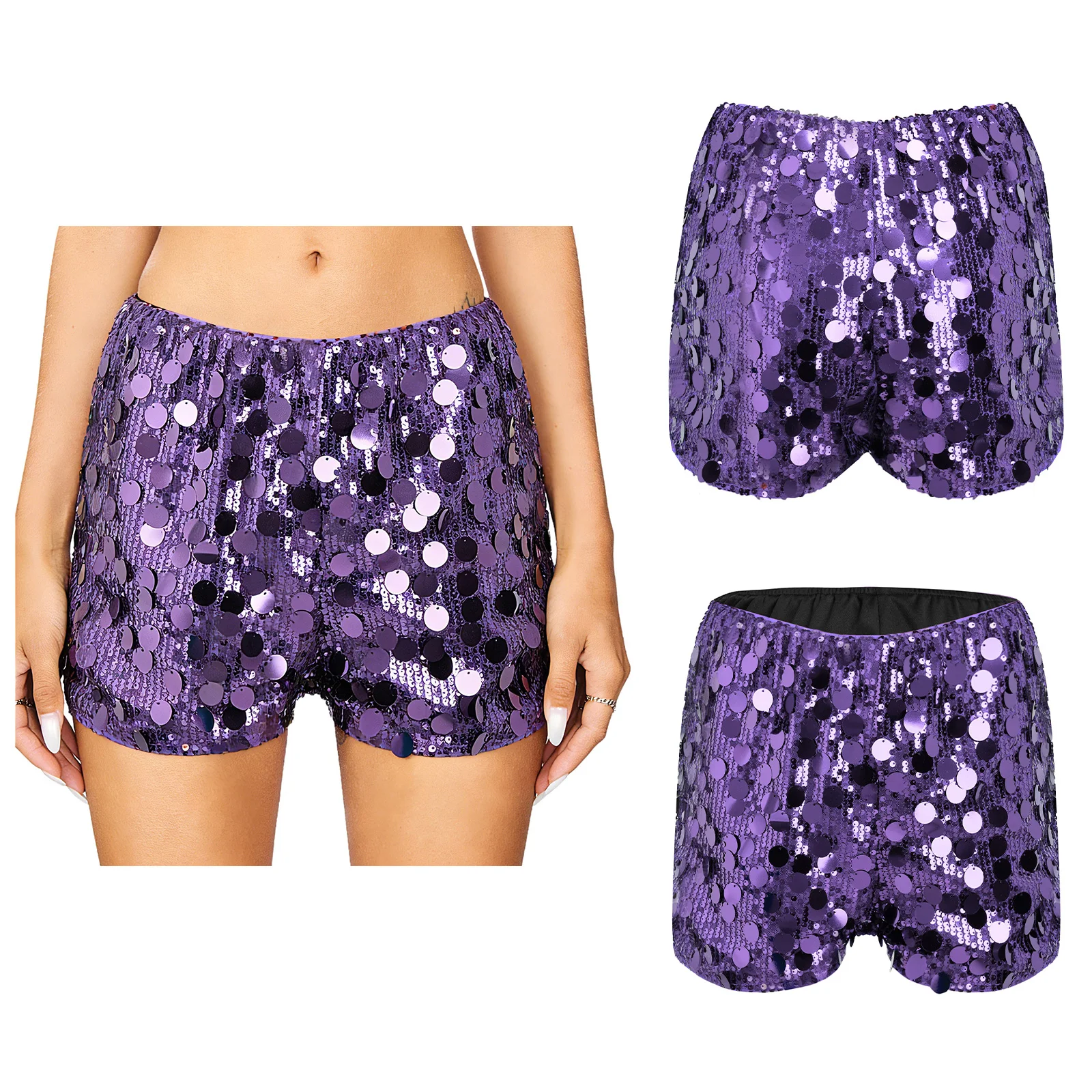 

Women Shiny Sequins Micro Shorts Solid Color Low Rise Elastic Waistband Hot Pants Booty Shorts for Club Party Music Stage Dance