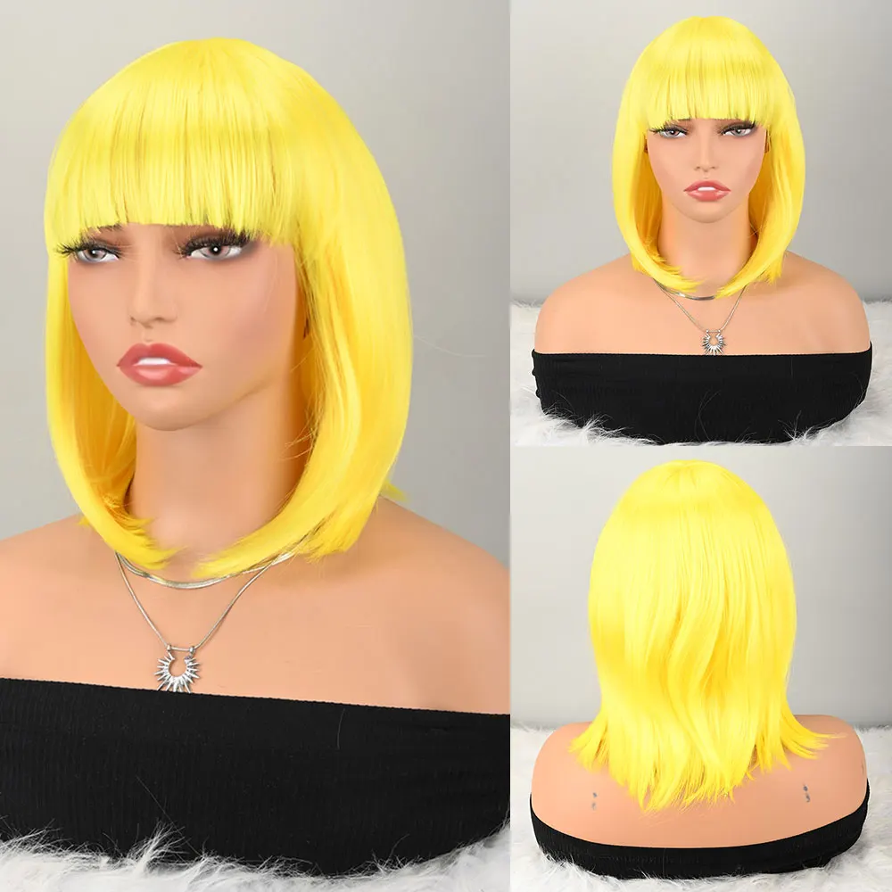 Short Yellow Straight Bob Wig with Bangs for Women Natural Silky Straight Synthetic Hair Wig Heat Resistant Synthetic Fiber Full Wig Bright Yellow Bob Wig for Cosplay Halloween Party Daily Dating Costume Wear