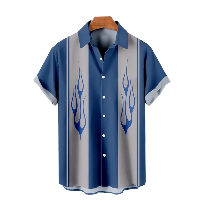 Street High Street Style Contrasting Color Vertical Pattern Men's Short Sleeved Shirt Beach Travel Loose Collared Shirt
