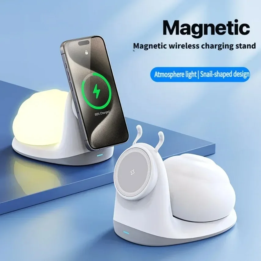 2 In 1 Magnetic Wireless Charger Desktop Phone Snail Charge Night Light For Magsafe iPhone 17 16 15 14 13 Pro Max Fast Charging