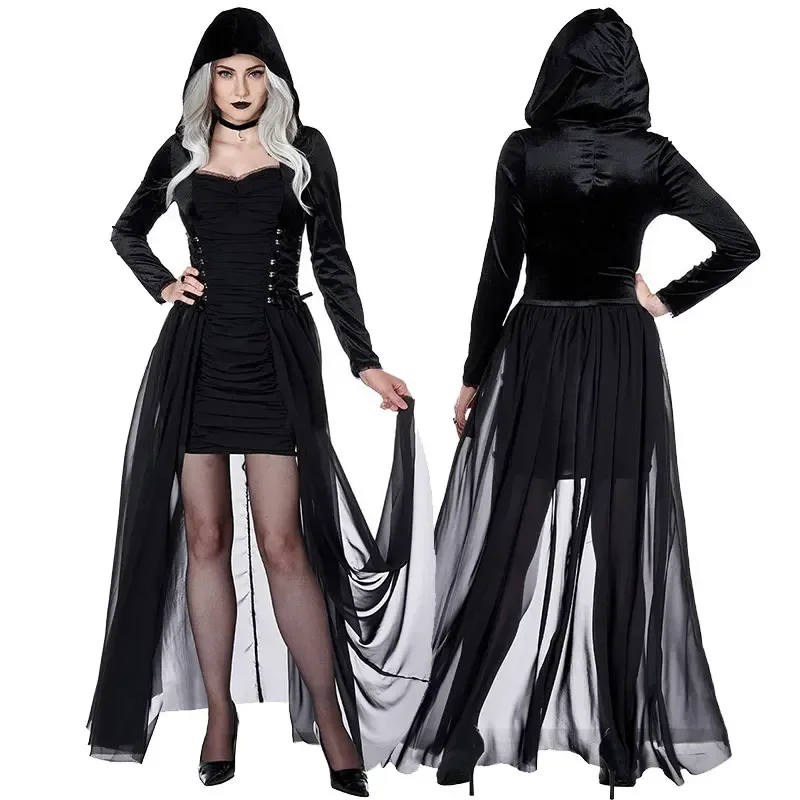 Carnival Witch Cosplay Costume Halloween Party Hooded Role Play Outfit Dress Up Performance Drama Masquerade Clothing