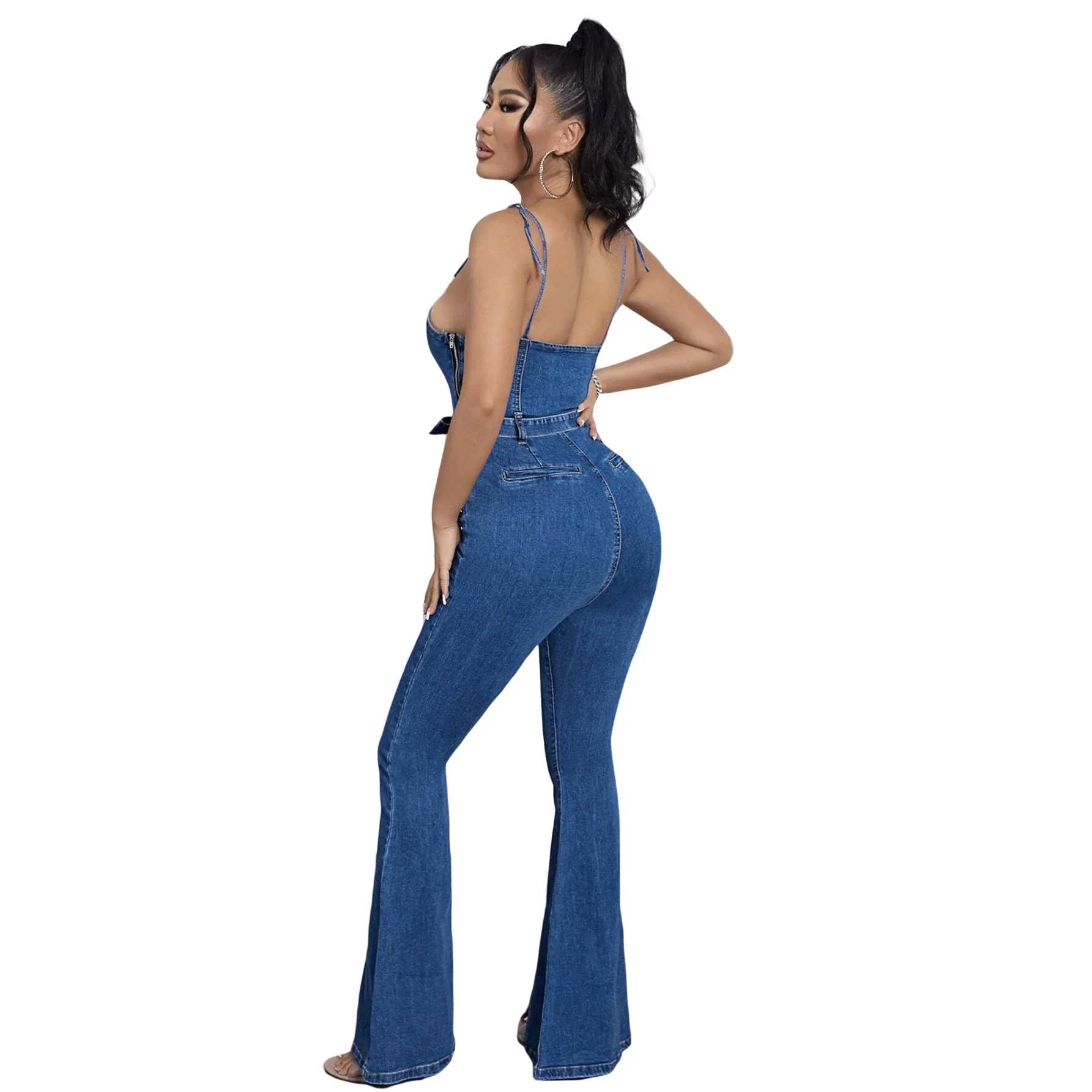 Jumpsuit Denim tali seksi kasual Fashion wanita celana kaki lebar celah