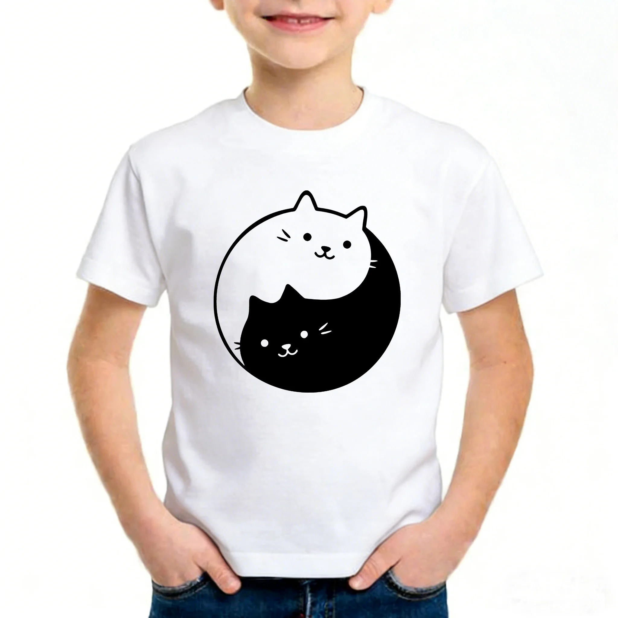 Cartoon Kawaii Cat T Shirts Manga Kids Short Sleeve Children's T-shirt Boys Girls Summer Spring Casual Top Tee