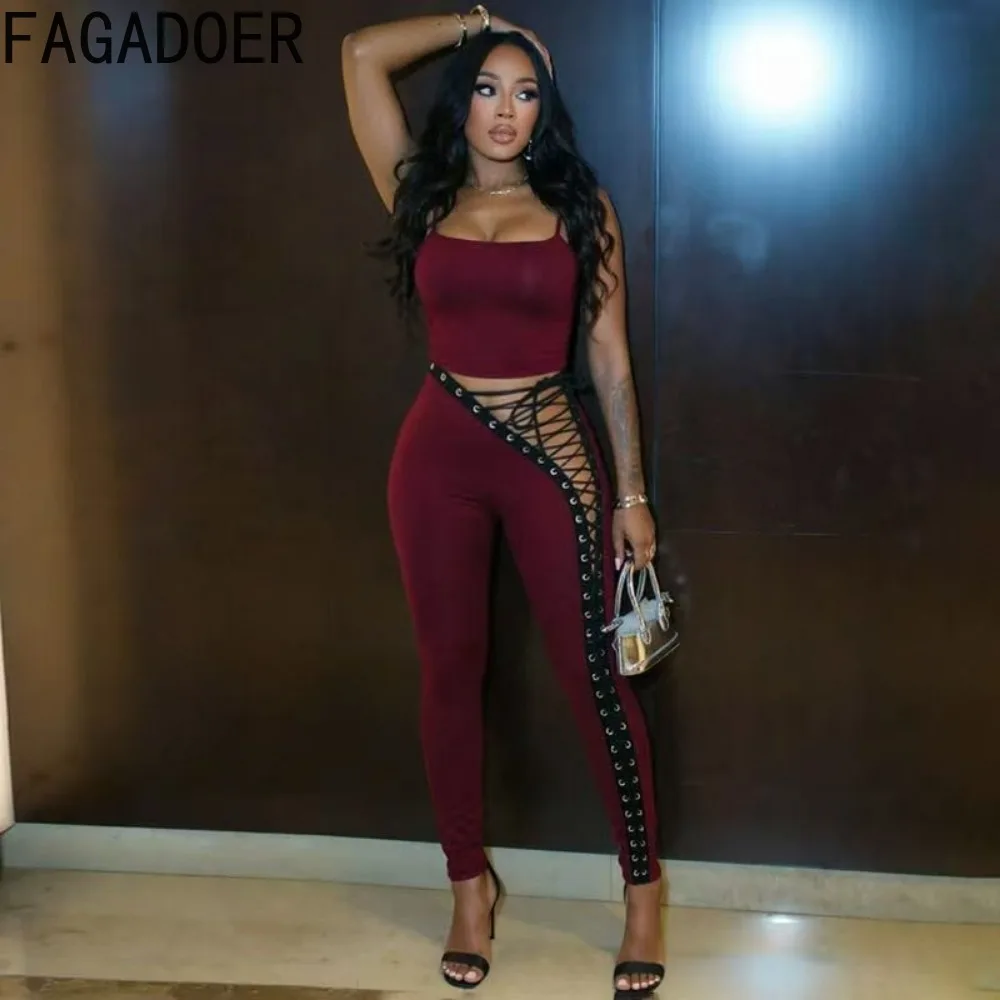 FAGADOER Women Sexy 2 Piece Set Leopard Cami Crop Top and Side Lace Up Cutout Skinny Pants Y2K Streetwear Club Party Outfit