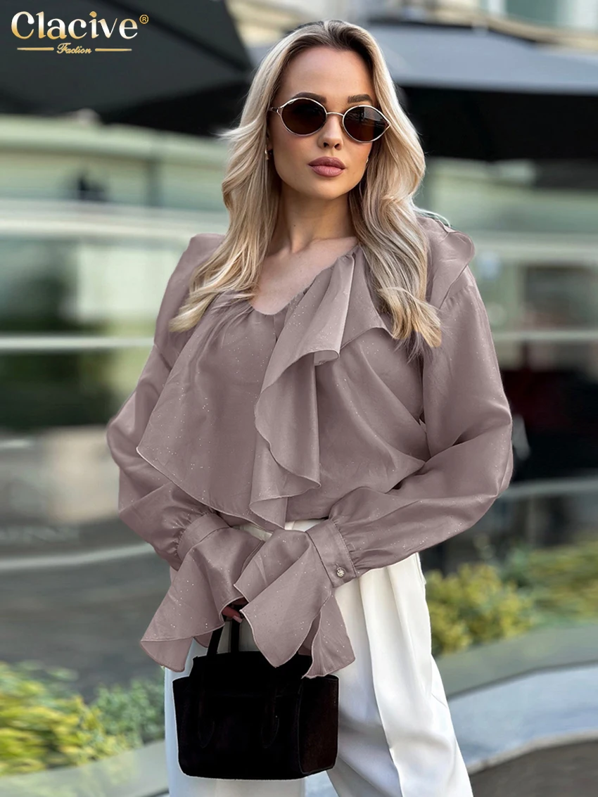 Clacive Fashion Loose Khaki Women's Shirt 2025 Casual V-Neck Long Sleeve Shirts Elegant Classic Ruffles Tops Female Clothing
