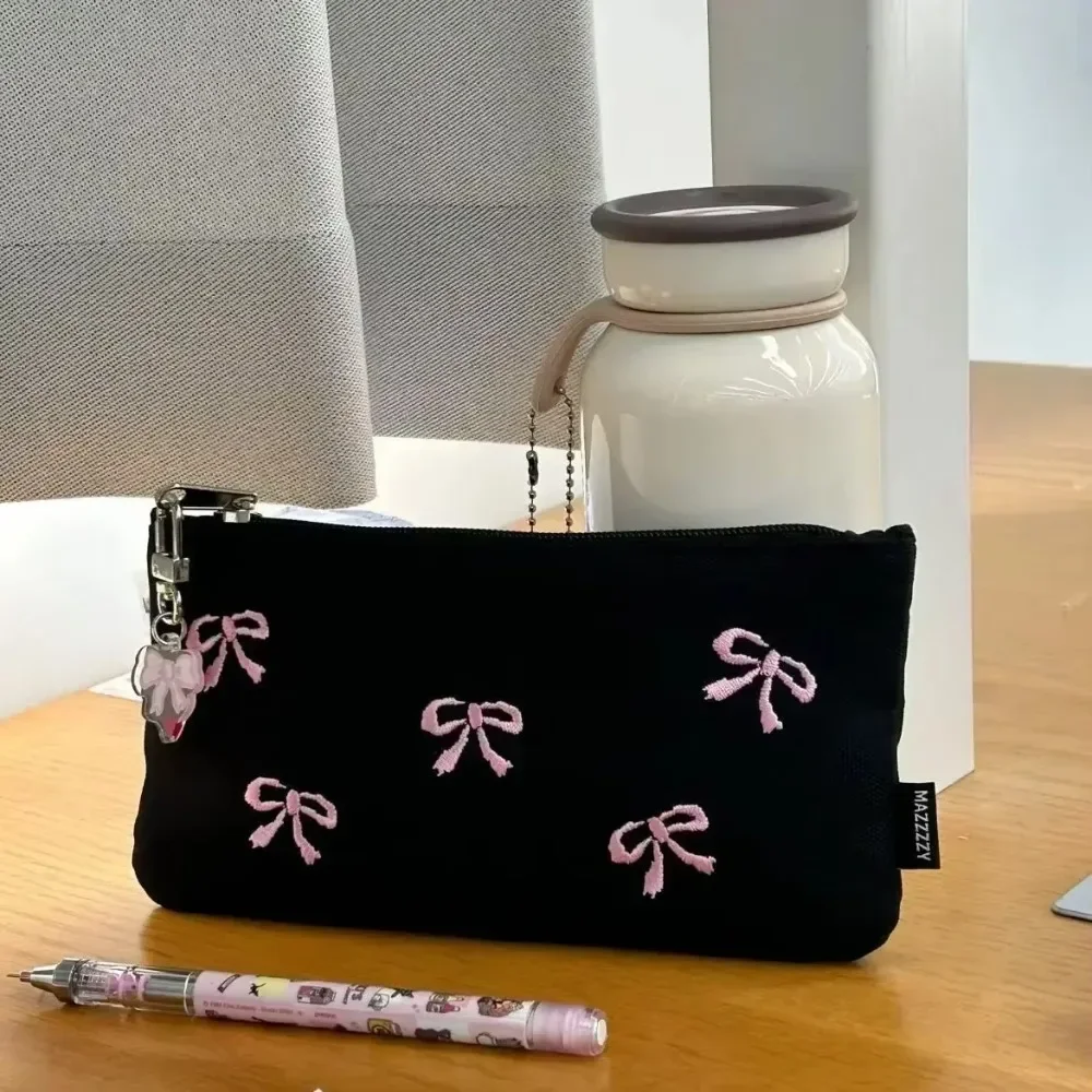 Embroidery Bow Black Pencil Bag Atmospheric Pencil Case Portable Zipper Simple Storage Pouch Pencase Student Stationery Supplies