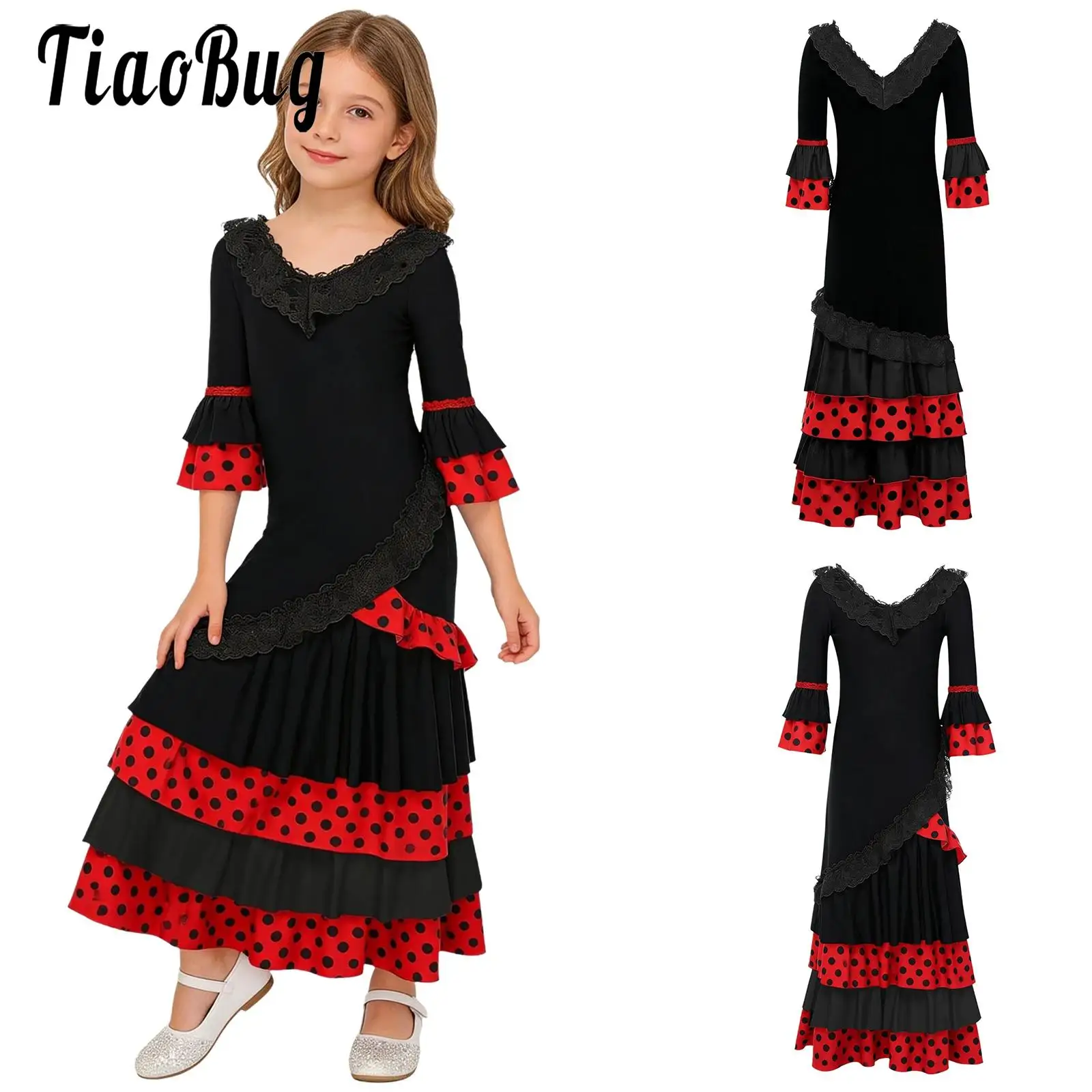 

Child Girls Spanish Flamenco Dance Dress Long Sleeves Ruffle Maxi Dress Waltz Dance Bull Folkloric Mexican Performance Costume
