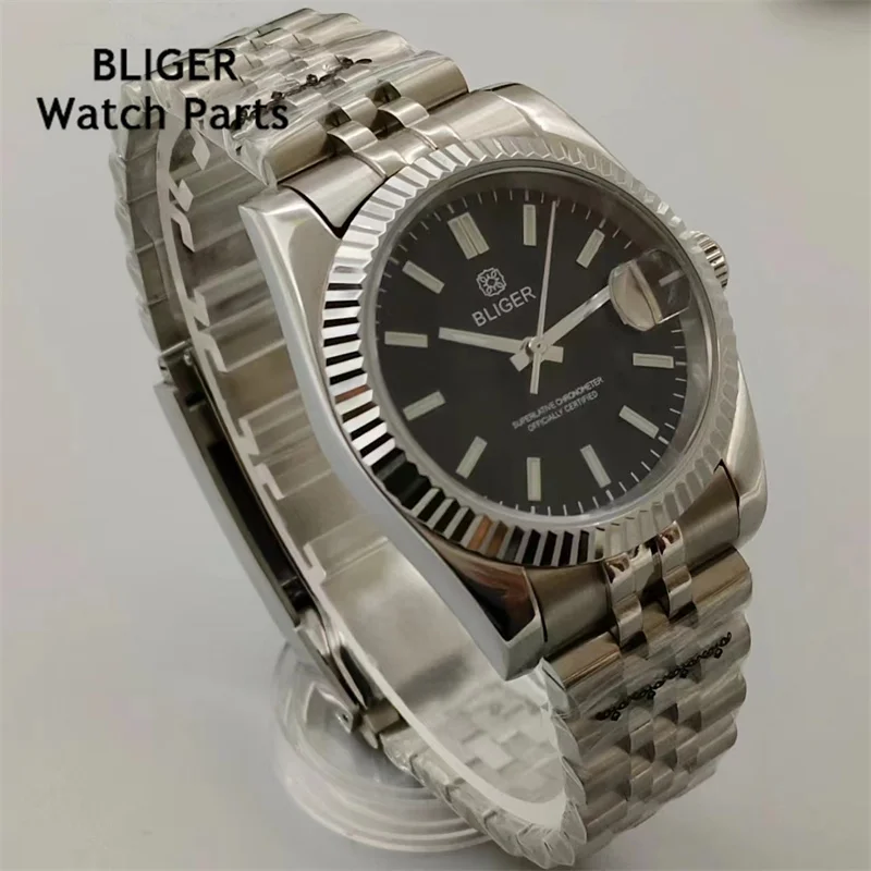 BLIGER 36mm /39mm Silver Dial NH35 Automatic Mens Watch Sapphire Glass Luminous Dial Stainless Steel Strap