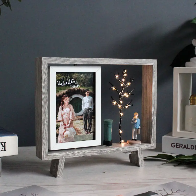 Personalized Decoration 6-inch Double-sided Photo Rotation with Light Office Table Photo Frame Creative Photo Placement Table