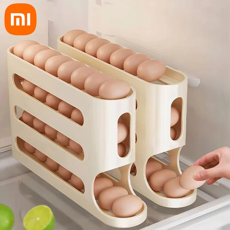 Xiaomi Kitchen Refrigerator Egg Organizer 4 Tier Rolling Egg Holder Dispenser Kitchen Automatic Scrolling Egg Holder Kitchen Box