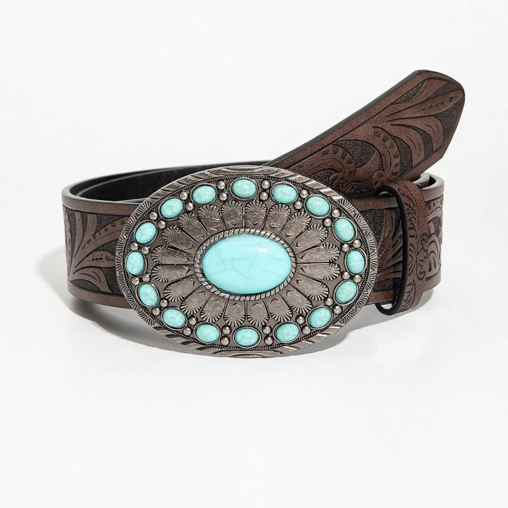 1 Piece Retro Blue Agate Round Buckle Vintage Brown Pattern PU Leather Belt