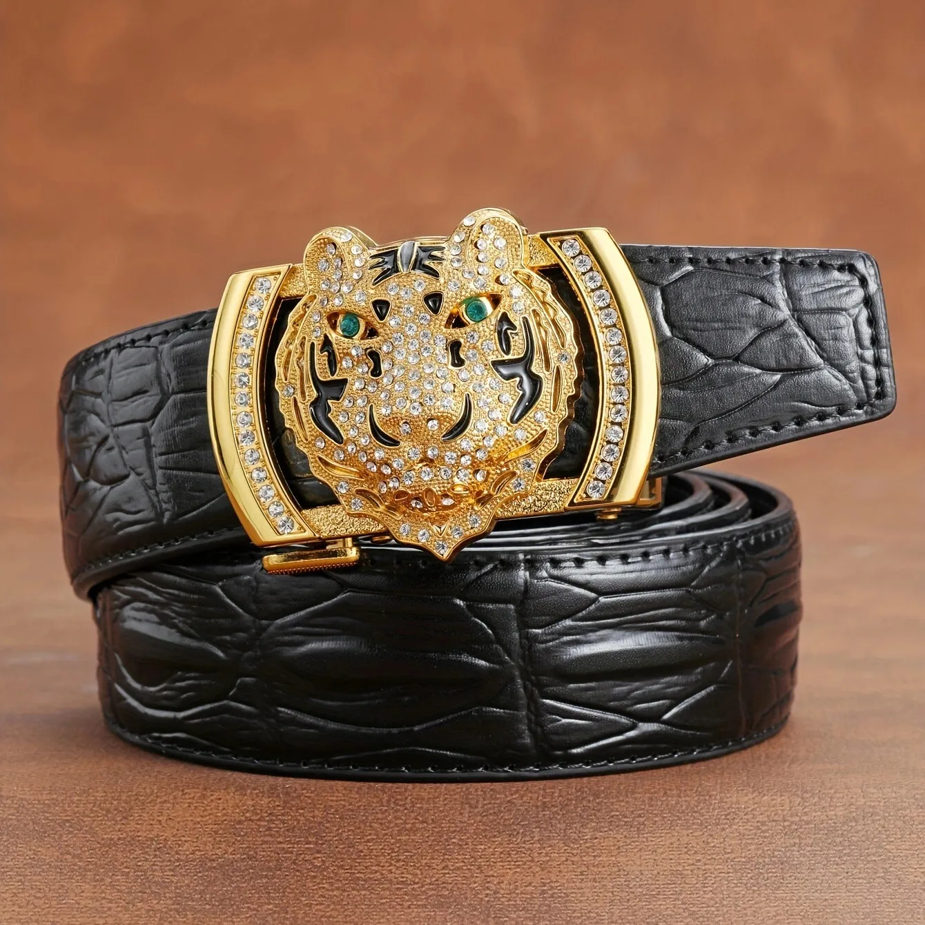 New Men'S Automatic Buckle Belt, Alligator Bone Belt With Alloy Tiger Buckle, Exclusive Belt For Successful Men