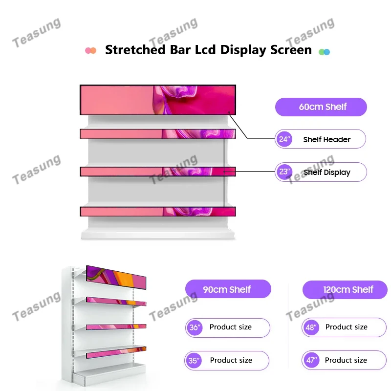 19.5/23.1 Polegada tamanho personalizado esticado barra ultra larga faixa de exibição de publicidade ultra ampla prateleira tela barra de estiramento exibição