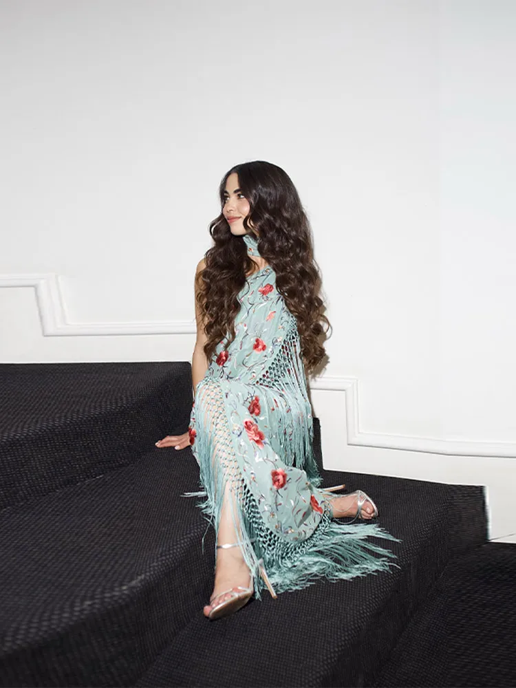 Print Tassels One-piece Long Dress Women Elegant Scarf Collar Sleeveless Backless Slim Party Dresses New Fashion Ladies Vestidos