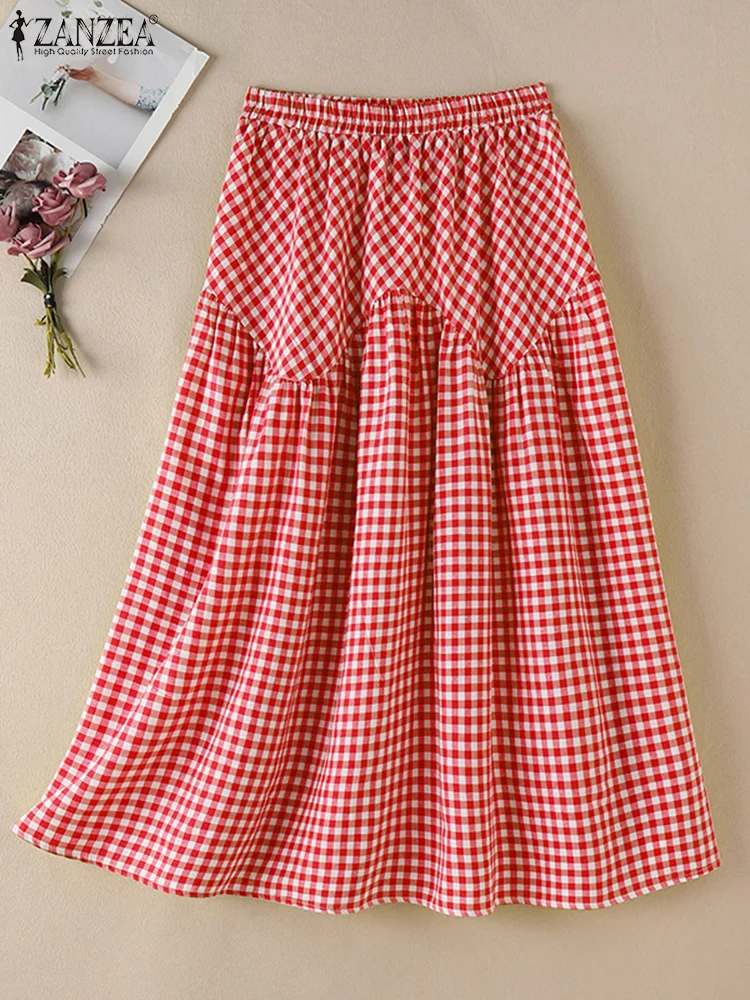 

ZANZEA Women Maxi Skirts 2025 Casual Elastic Waist Plaid Printed Bohemian Ruffles Stitching Vintage Loose Summer Pleating Faldas