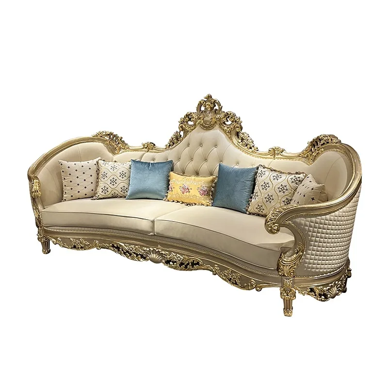 

French leather sofa combination, European luxury villa living room solid wood champagne curved sofa