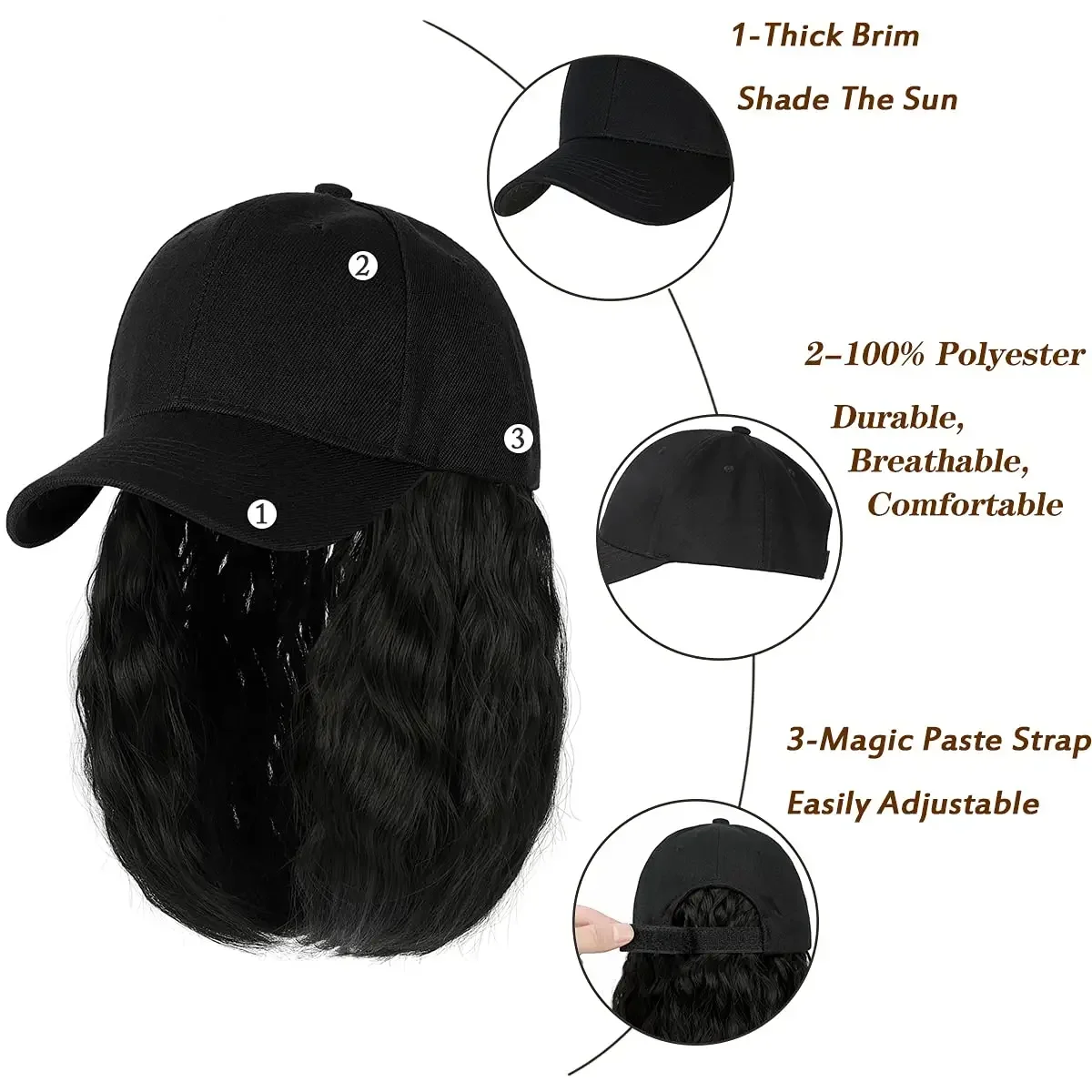 Peluca de gorra de béisbol de onda corta con extensión de cabello rizado peluca de onda sintética sombrero para mujeres ajustable marrón negro gorra de béisbol peluca