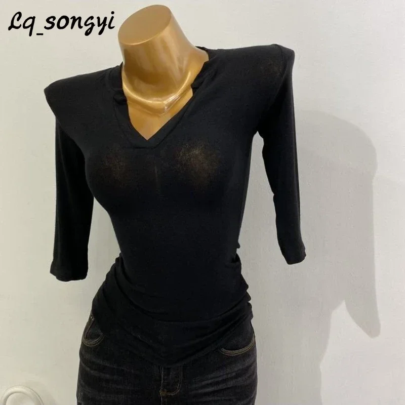 

Lq_songyi Sexy See-through Top for Women High Strecth V Neck Transparent Thin Tops Half Sleeve Summer Solid Slim Fit T Shirts