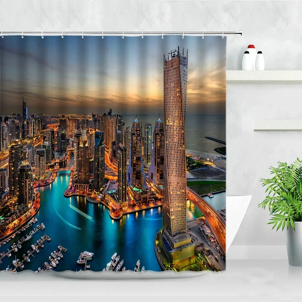 America City Scenery Print Shower Curtains New York Modern Building Illustration Bath Curtains Home Decor Screen with Hooks