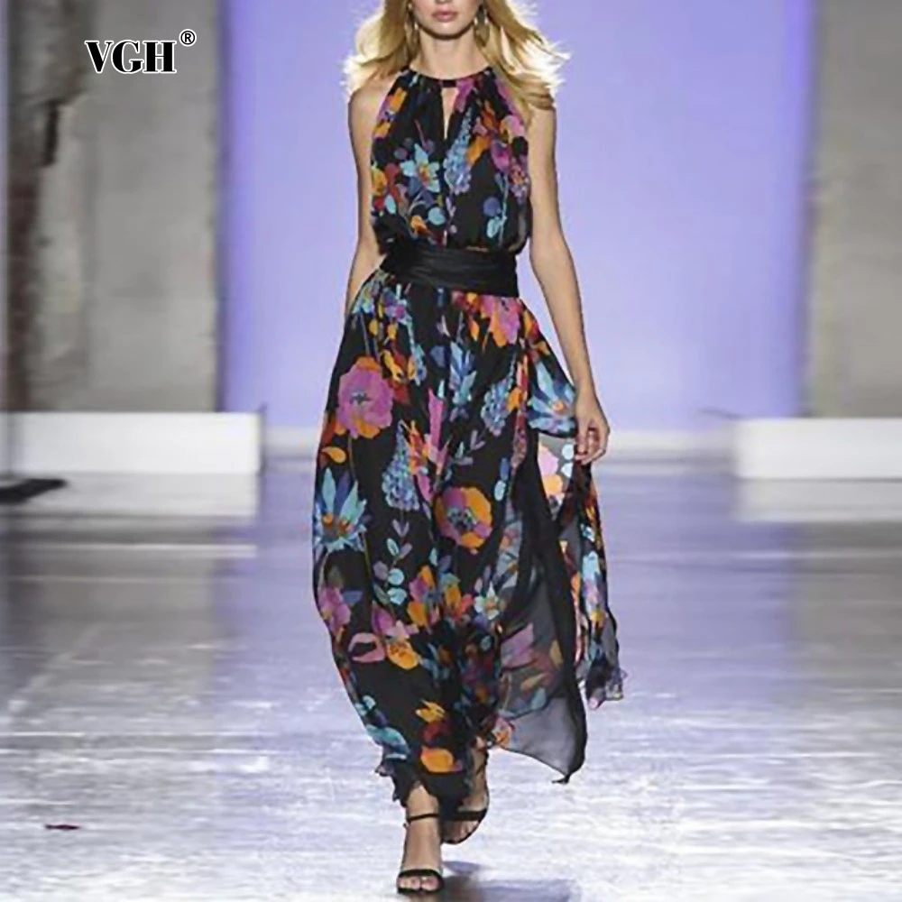 

VGH Colorblock Printing Long Dresses for Women O Neck Sleeveless High Waist Split Patchwork Hollow Out Slimming Dress Female New