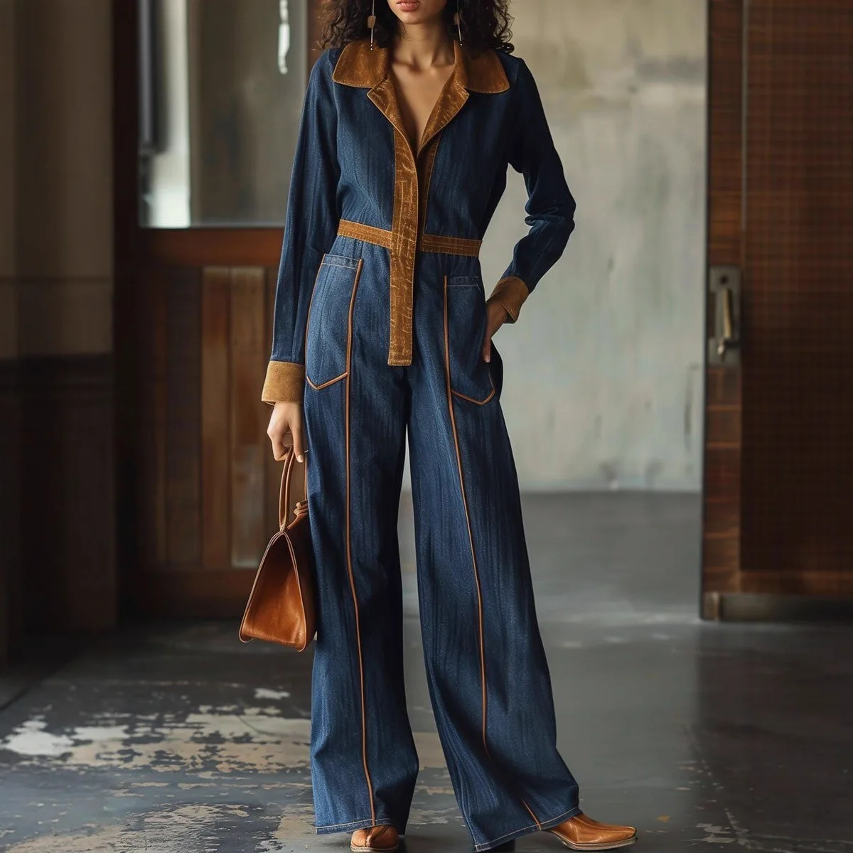 

Новый модный женский джинсовый комбинезон 2026 года с цветными блоками, карманами и высокой талией, свободные драпированные брюки, облегающий крой