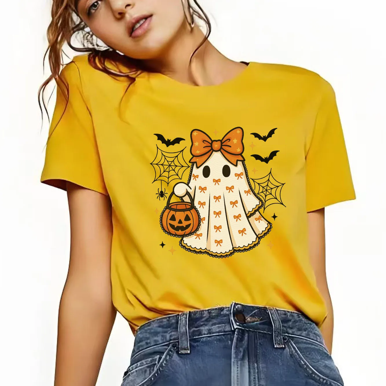 

Halloween Bow BOO Printed T-shirt Casual Short Sleeve Suitable for Four Seasons Fashion Versatile Women's T-shirt