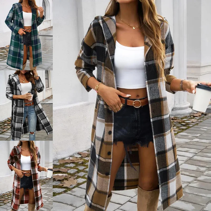 New Plaid Hooded Long-Sleeved Woolen Coat