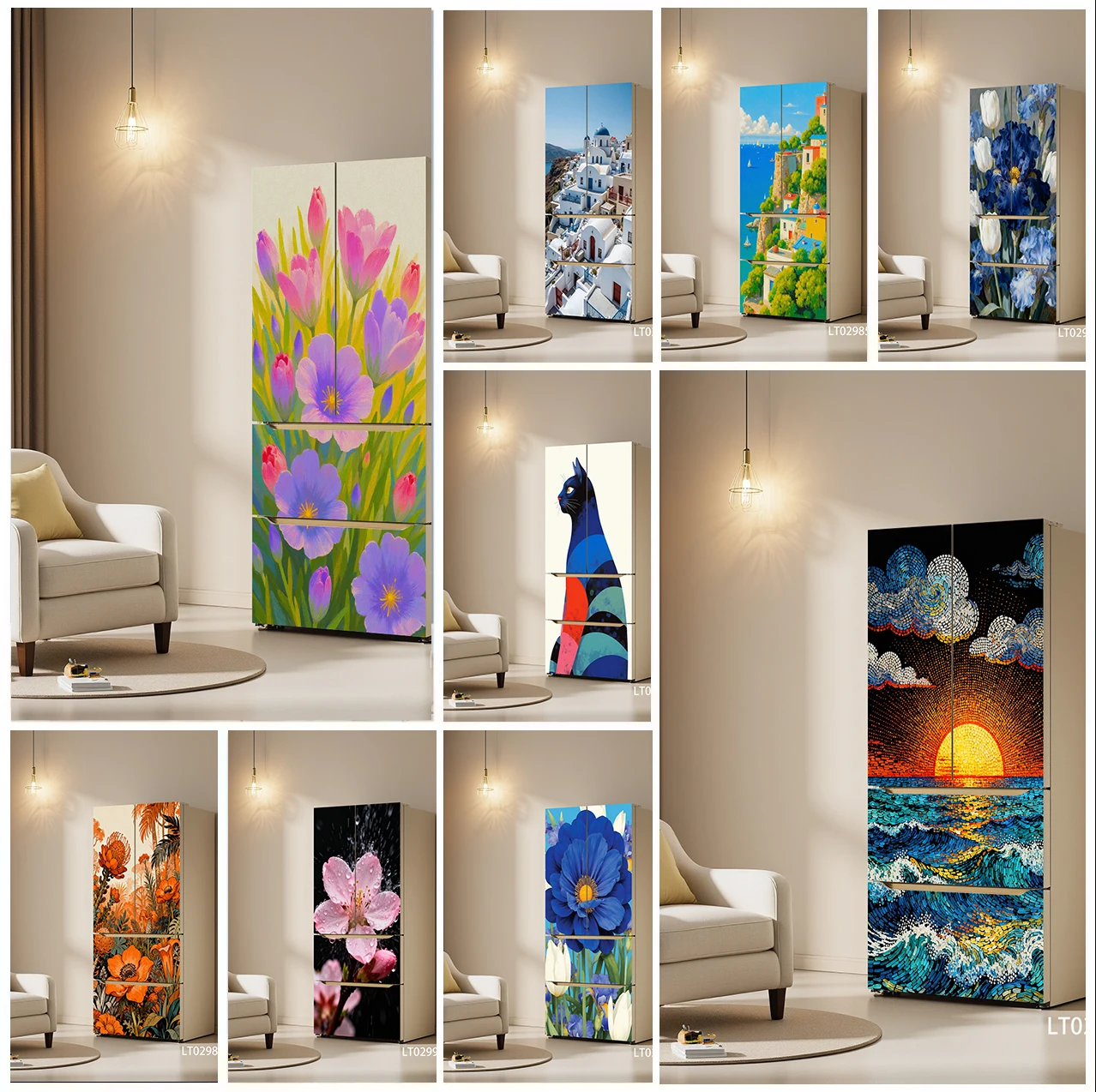 Colorful Floral Fridge Wrap Stickers, Self Adhesive PVC Waterproof Removable Mural, Sea Sunset Abstract Cat Kitchen Decor