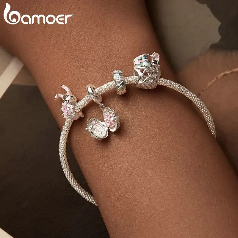 Bamoer 925 Sterling Silver Easter Rabbit Egg Charm Wedding Beads For Women Fit DIY Bracelet Necklace Easter Gift Jewelry
