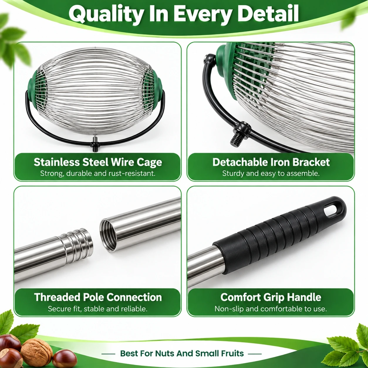 Zoe Rolling Nut Picker Tool With 6 Section 94.5 Inch Long Handle Stainless Steel Wire Cage Gatherer For Walnuts Chestnuts Acorns Small Fruits Lawn Yard Forest Beach Collecting Tool With Cut Resistant Gloves
