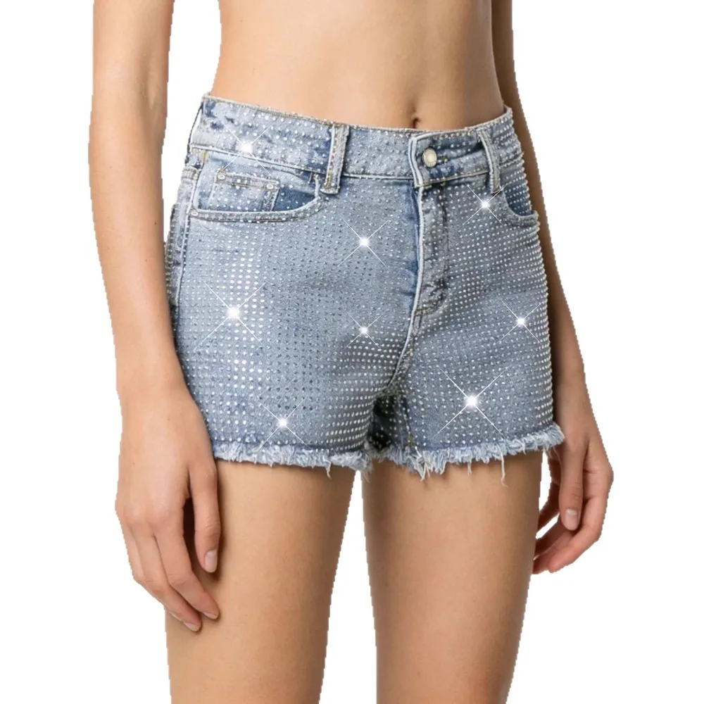 New Full-Diamond Hot Drilling Waist Blue Tassel Denim Shorts Jean Female Hip Short Pants Woman Summer Y2K Punk Fashion Femme