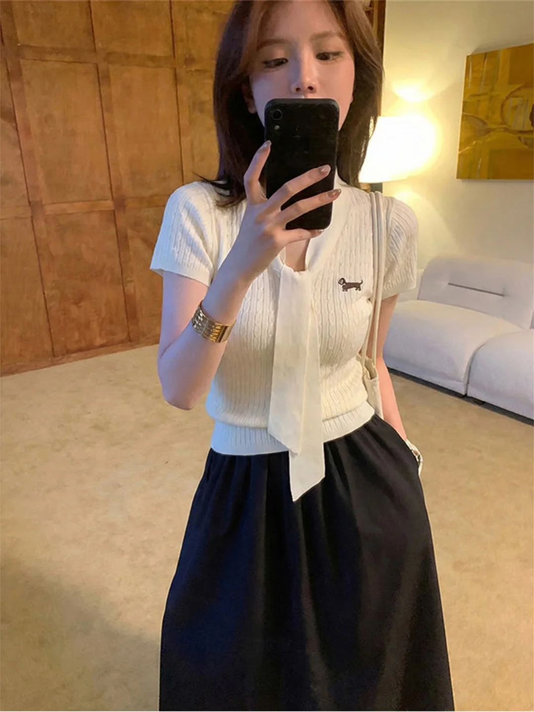 

Miu System Embroidered Knitted Short Sleeve Women's Top Belted Twist Slimming Summer Fashionable Spicy Girl Style 2026 New Ar...