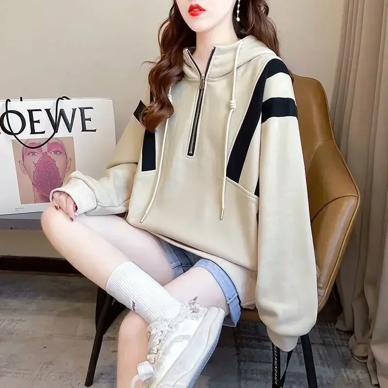 Loose Hoodies Hooded Sweatshirt for Women With Zipper Full Zip Up Casual Woman Tops Baggy Nice Color Outerwears Basic Cheap Coat