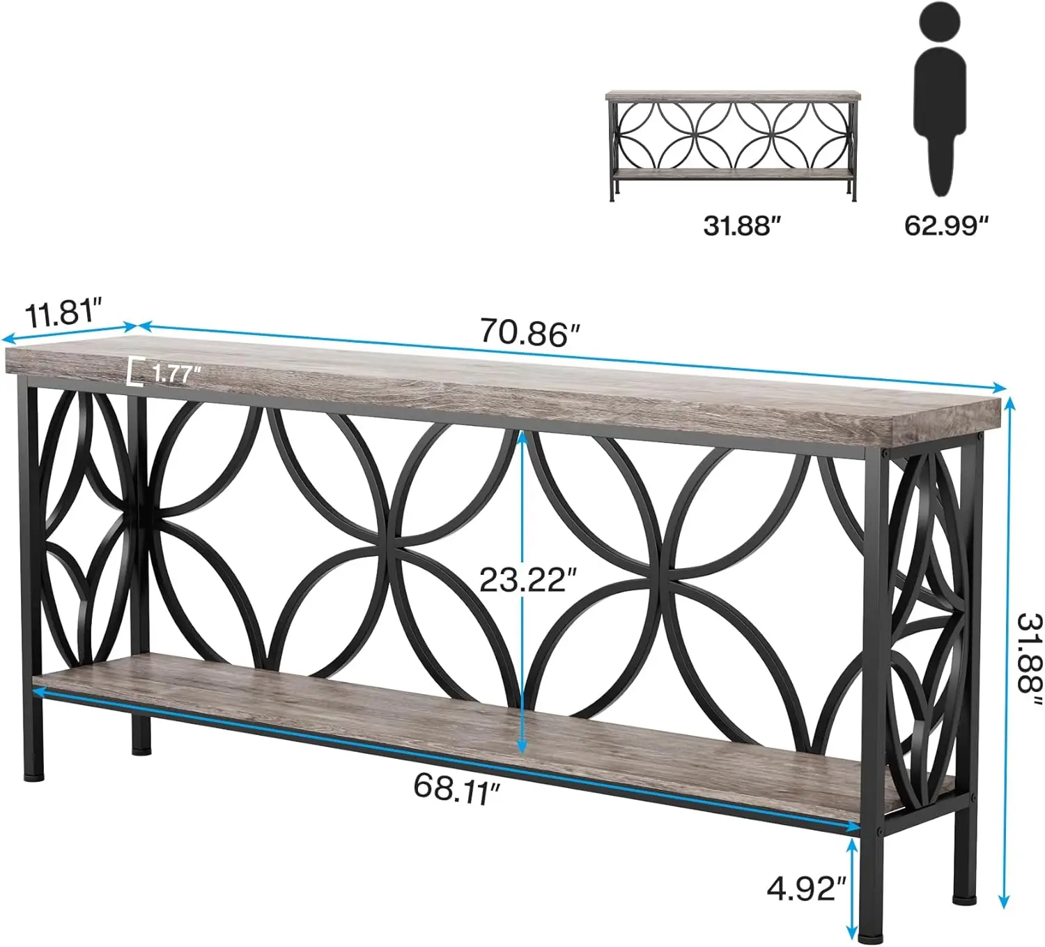 70.9-Inch Narrow Sofa Table, Industrial Long Sofa Table Behind Couch, Entry Console Table with Storage for Entryway, Living Room