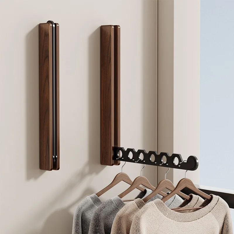1. Wall‑Mount Walnut Foldable Clothes Hanger Retractable Drying Bar For Home Balcony Bay Window Indoor Laundry Use