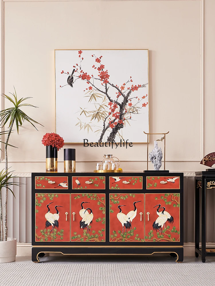

New Chinese Red Solid Wood Painted Crane Living Room Entrance Curio Cabinet Large Capacity Storage Cabinet
