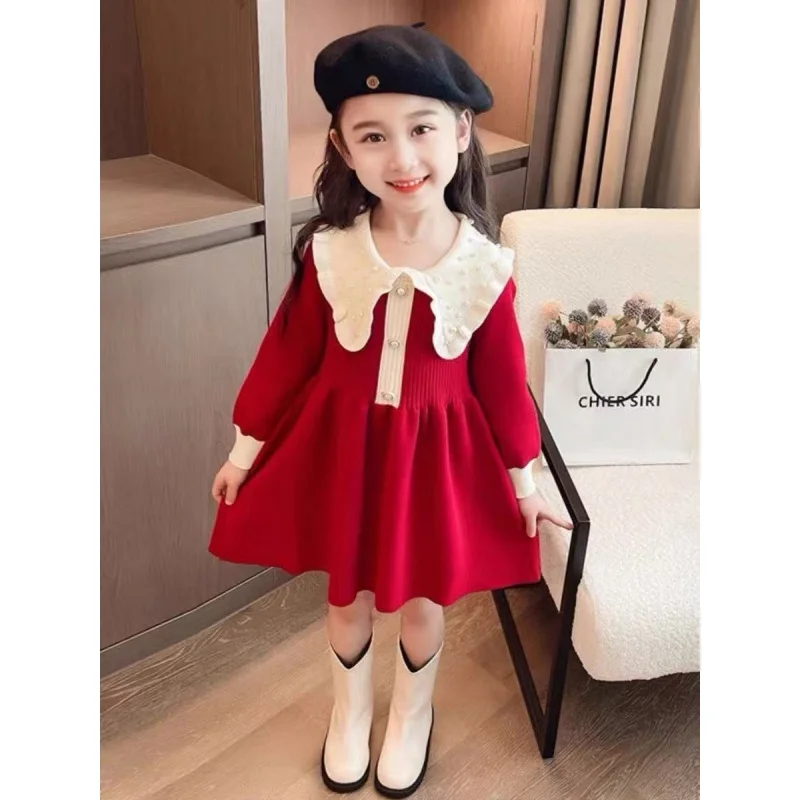 

New Baby Girls Knitted Sweaters Dress Elegant Girl Kids Beaded Collar Knit Dresses Children Autumn Winter Clothes Vestidos