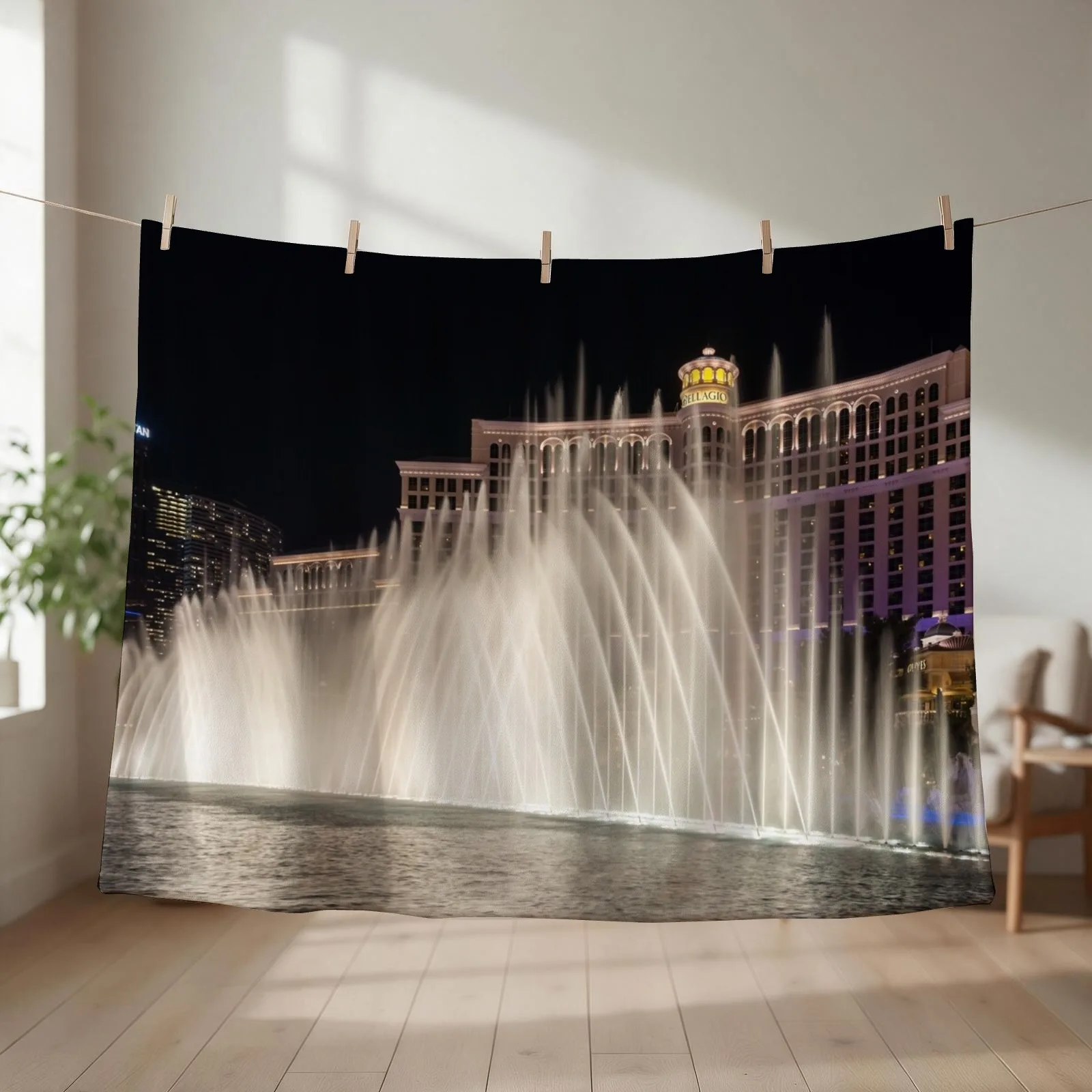 Splendiferous Las Vegas Fountains - Bellagio Behind a Curtain of Water Throw Blanket Large manga Bed covers Blankets