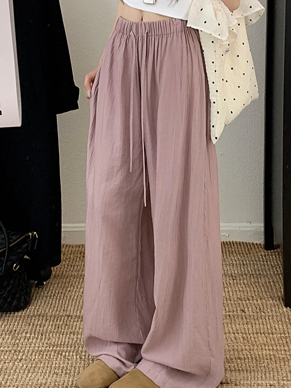 

High Waist Wide Leg Pants Lazy Style Casual Loose Fitting Drawstring Floor Length Trousers plus Size Women's Summer New Arrival