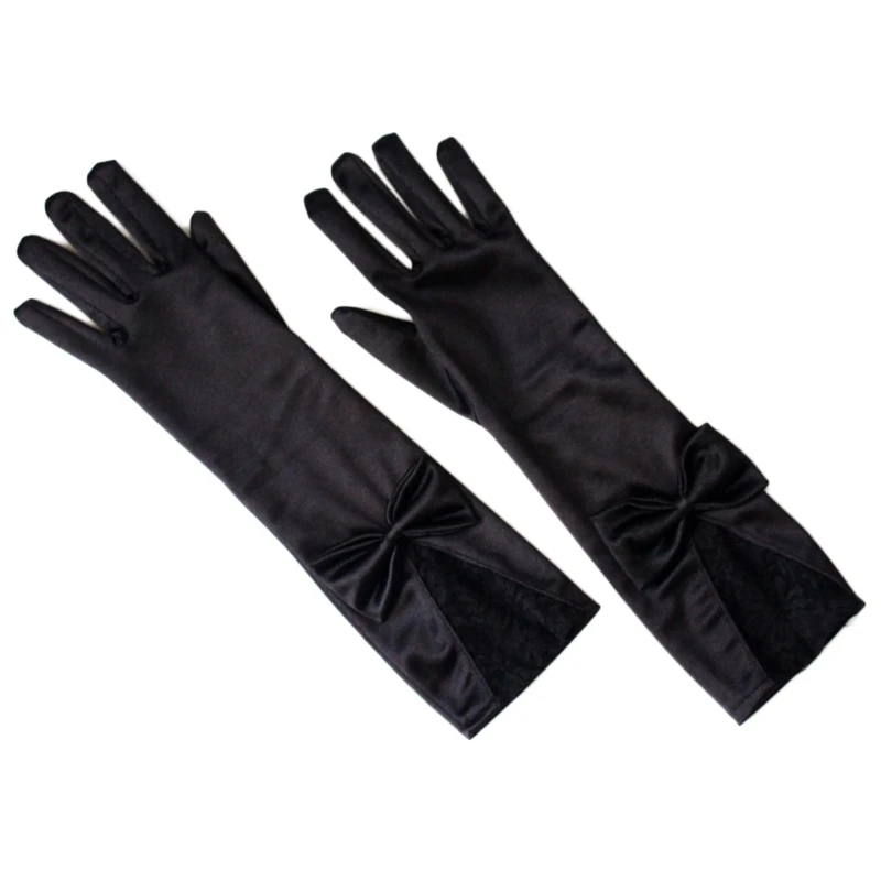 

Satin Gloves Lace Trim Elegant Long Courtesy Bowknot Prom Evening Party Mittens