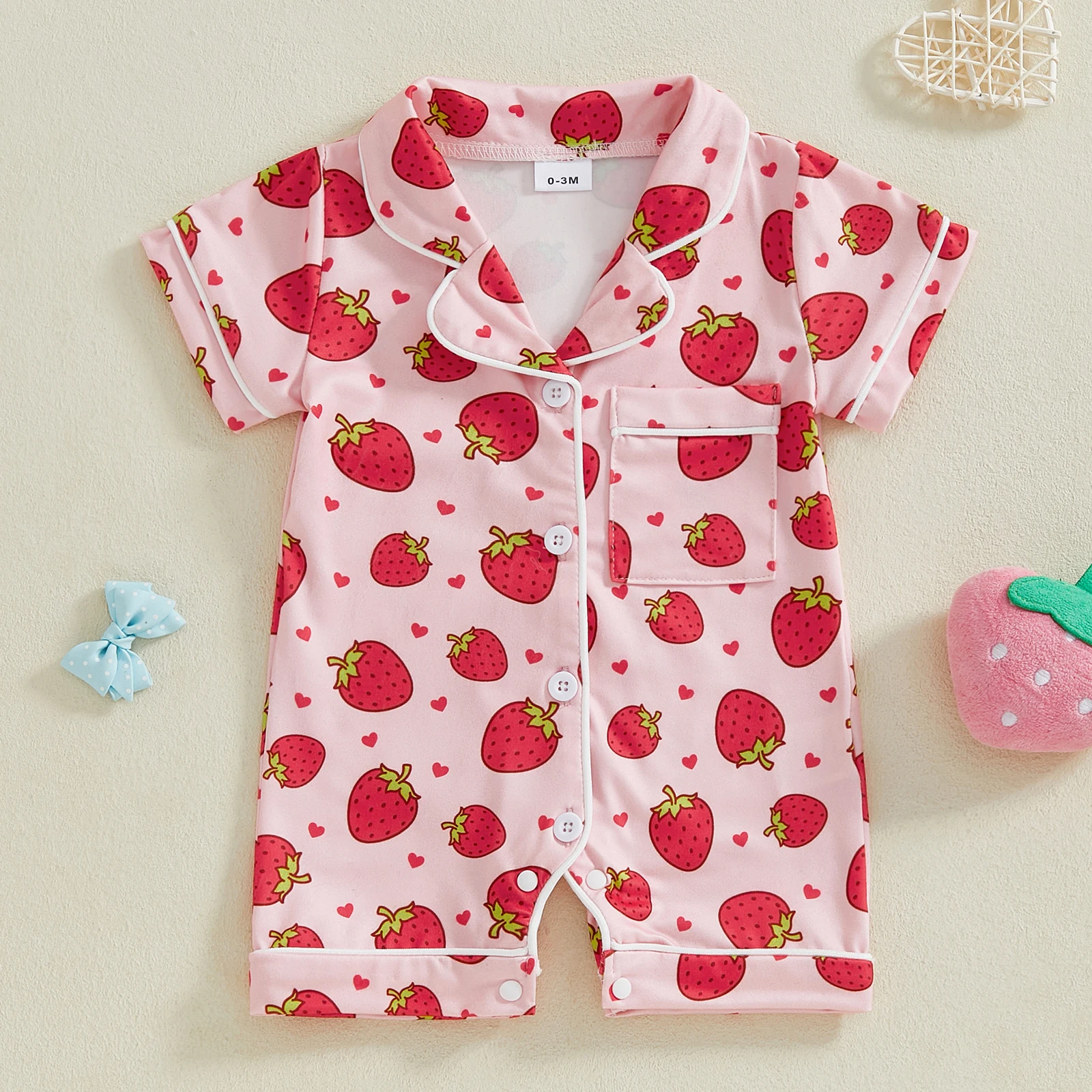 2025 New Toddler Baby Girl Summer Romper Short Sleeve Lapel Collar Strawberry/Heart Print Jumpsuit Infant Pajamas