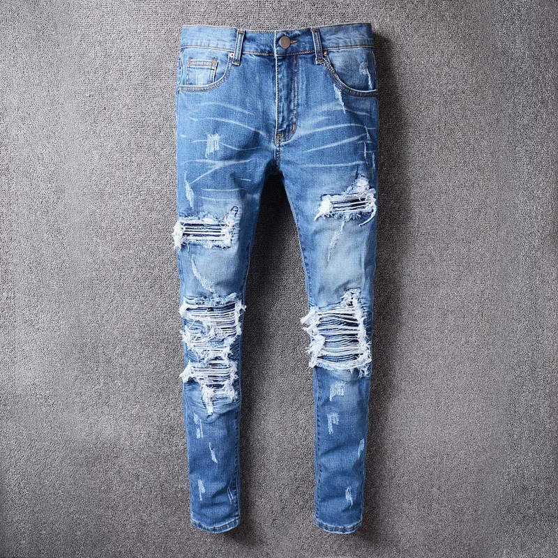 Designer fashion new men's jeans with perforated patches washed retro perforated patches blue jeans street hip-hop brand pants